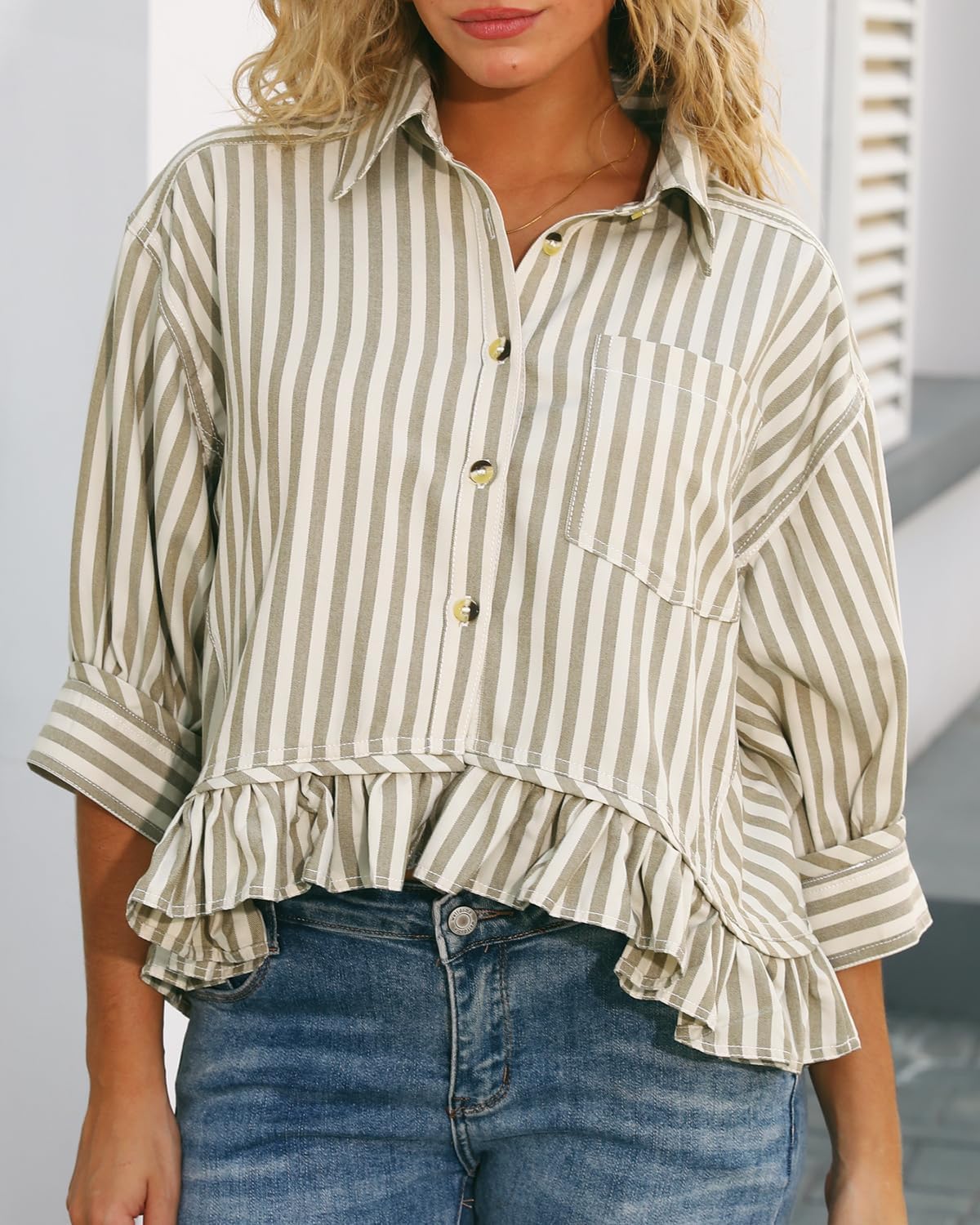 Ruffled Short Sleeve Button Down Striped Shirt