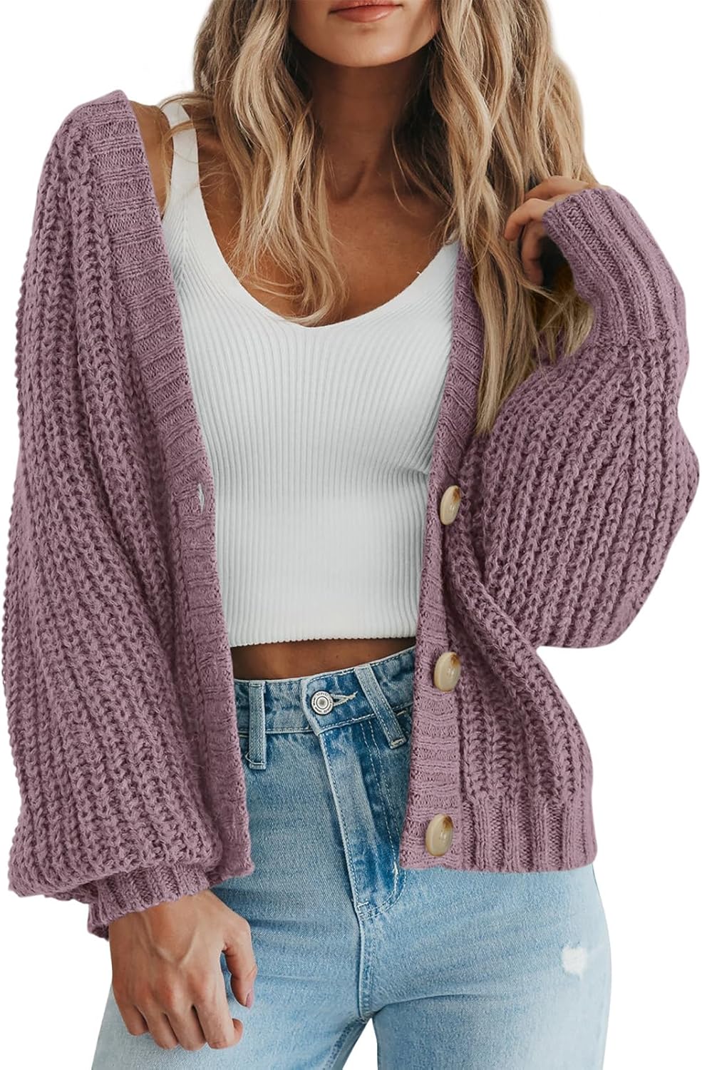 Women's Chunky Knit Cardigan Sweater Long Sleeve Button Loose Cardigan Jacket