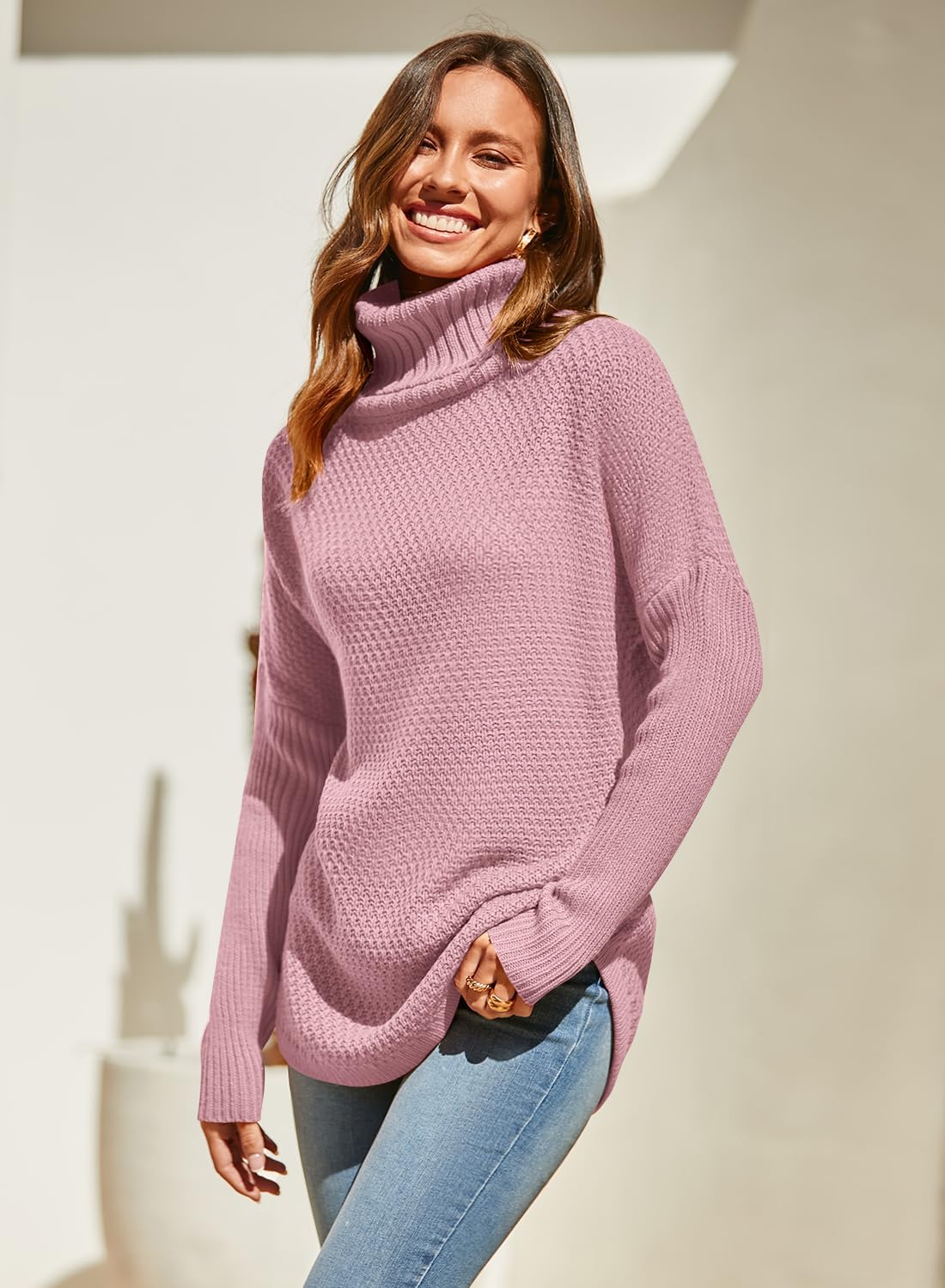 Women's Oversized Turtleneck Long Sleeve Casual Pullover Knit Tunic Sweater