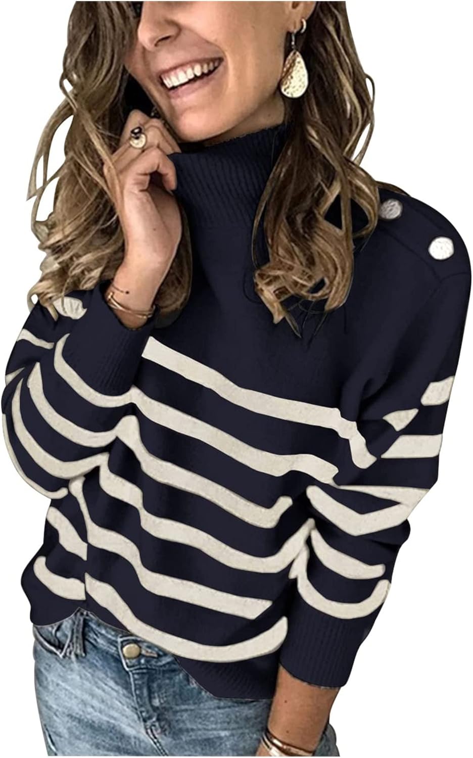 2025 Long Sleeve Metal Button Striped Turtleneck Sweater