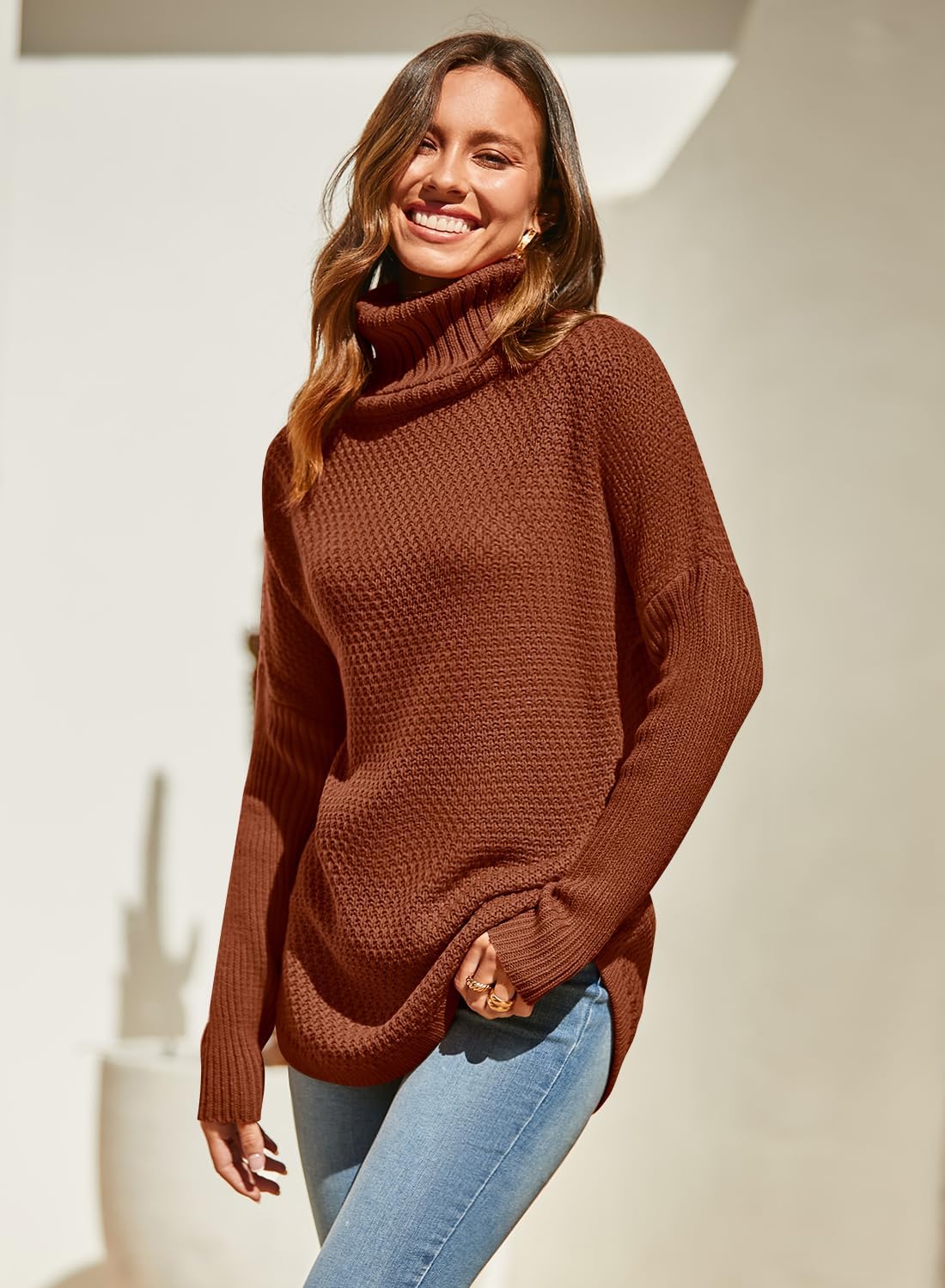 Women's Oversized Turtleneck Long Sleeve Casual Pullover Knit Tunic Sweater