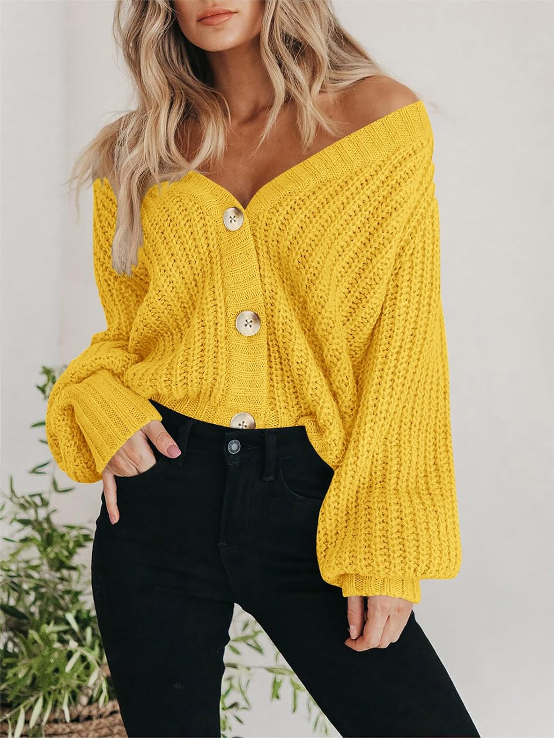 Women's Chunky Knit Cardigan Sweater Long Sleeve Button Loose Cardigan Jacket