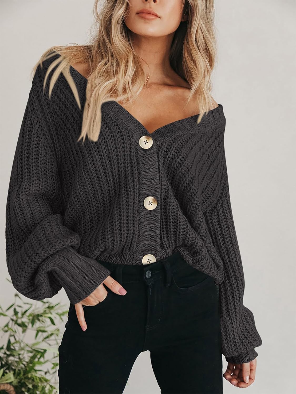 Women's Chunky Knit Cardigan Sweater Long Sleeve Button Loose Cardigan Jacket