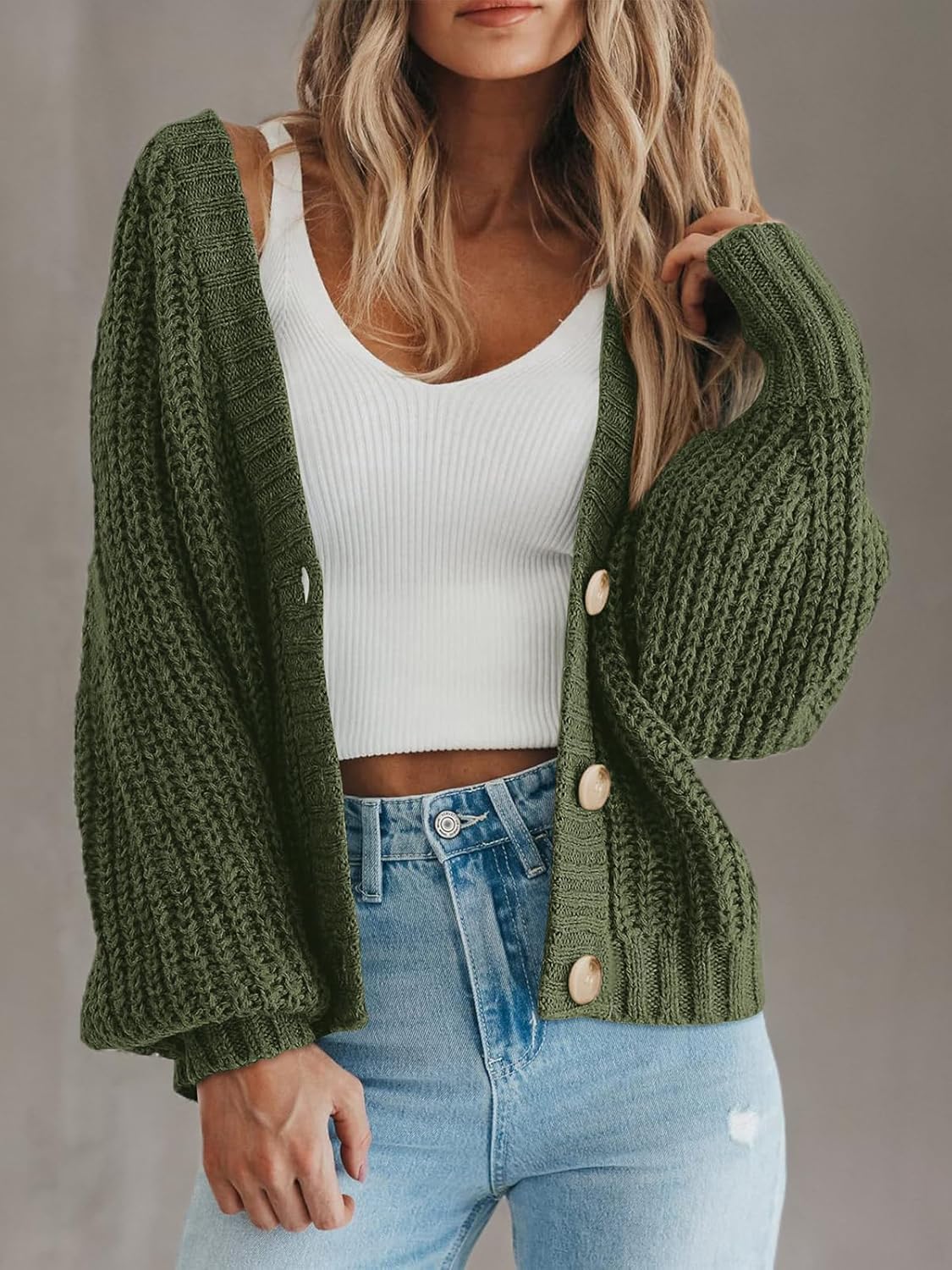 Women's Chunky Knit Cardigan Sweater Long Sleeve Button Loose Cardigan Jacket