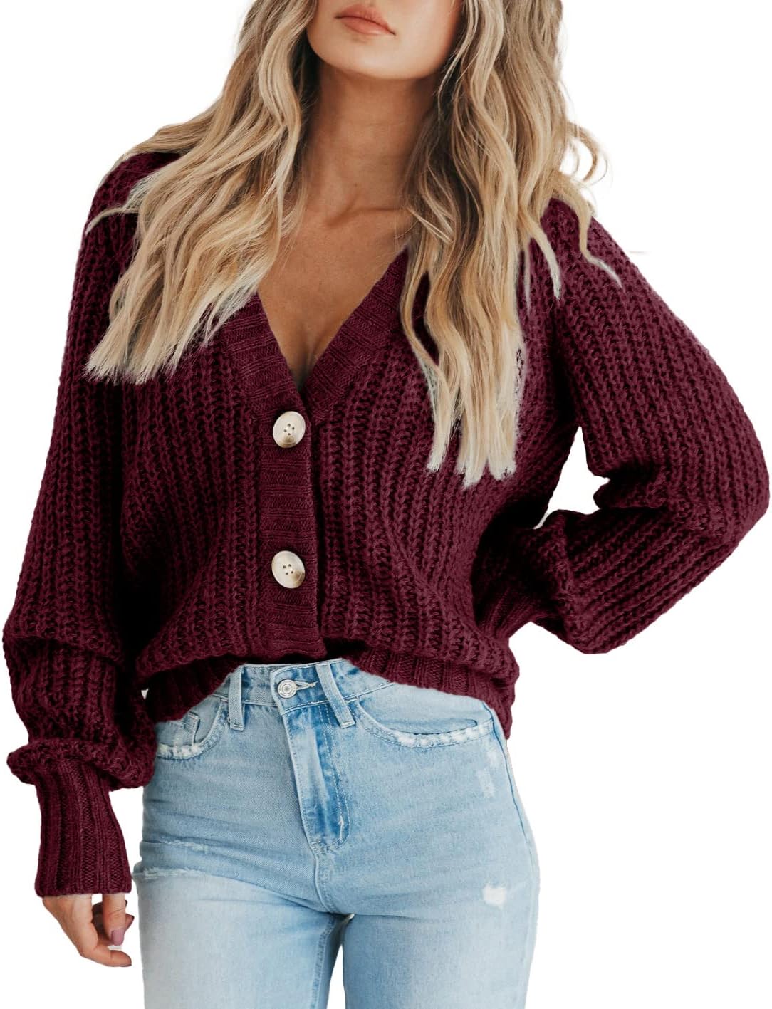 Women's Chunky Knit Cardigan Sweater Long Sleeve Button Loose Cardigan Jacket