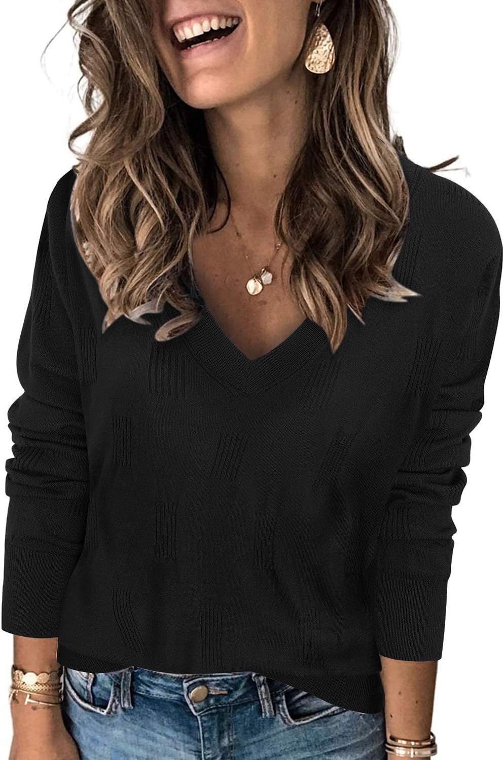 Women's Soft V Neck Long Sleeve Fall Casual Regular Fit Sweater Tops