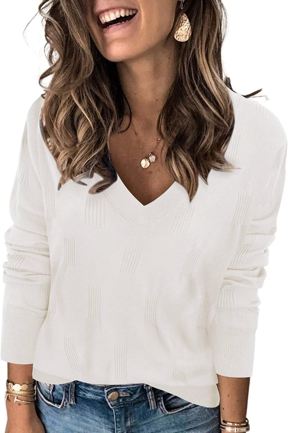Women's Soft V Neck Long Sleeve Fall Casual Regular Fit Sweater Tops