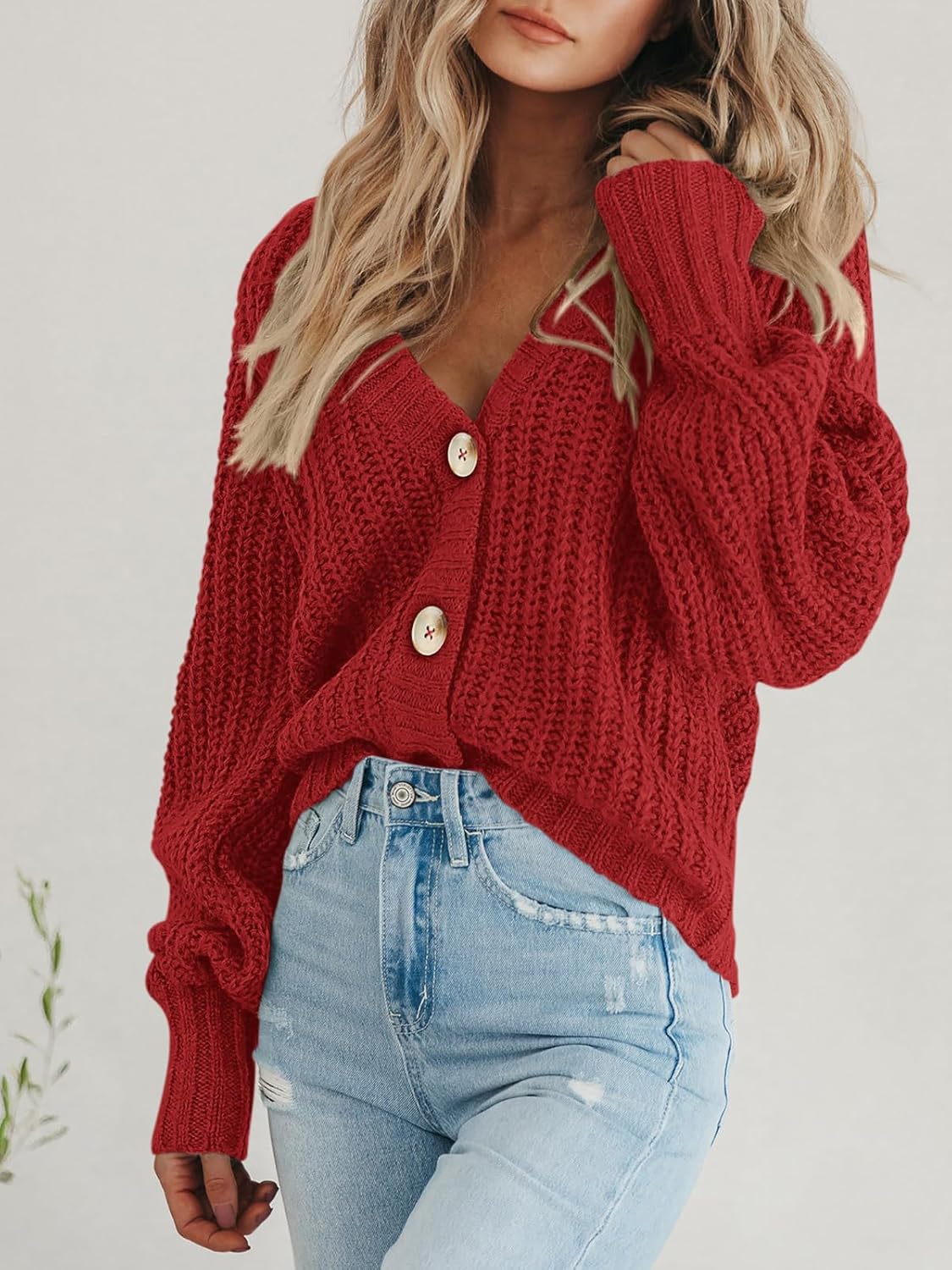 Women's Chunky Knit Cardigan Sweater Long Sleeve Button Loose Cardigan Jacket