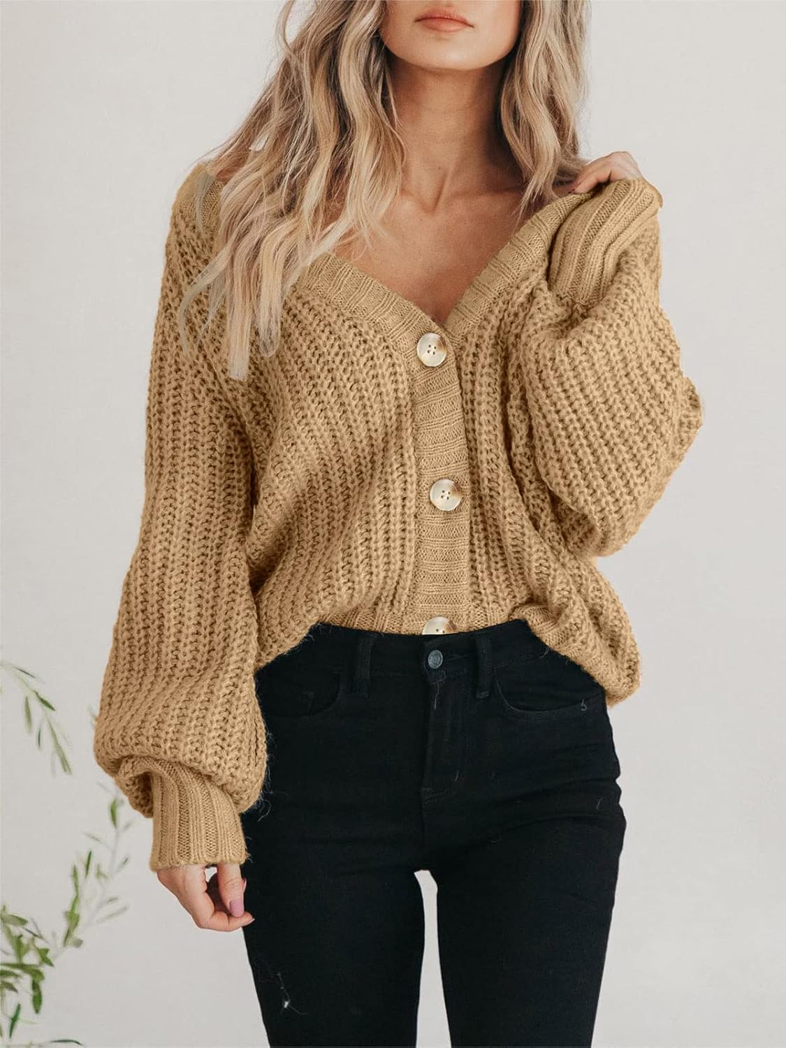Women's Chunky Knit Cardigan Sweater Long Sleeve Button Loose Cardigan Jacket