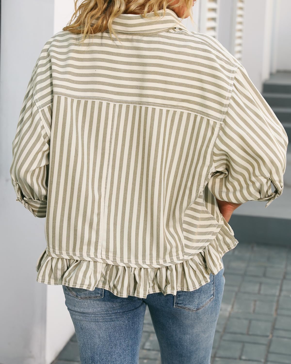 Ruffled Short Sleeve Button Down Striped Shirt