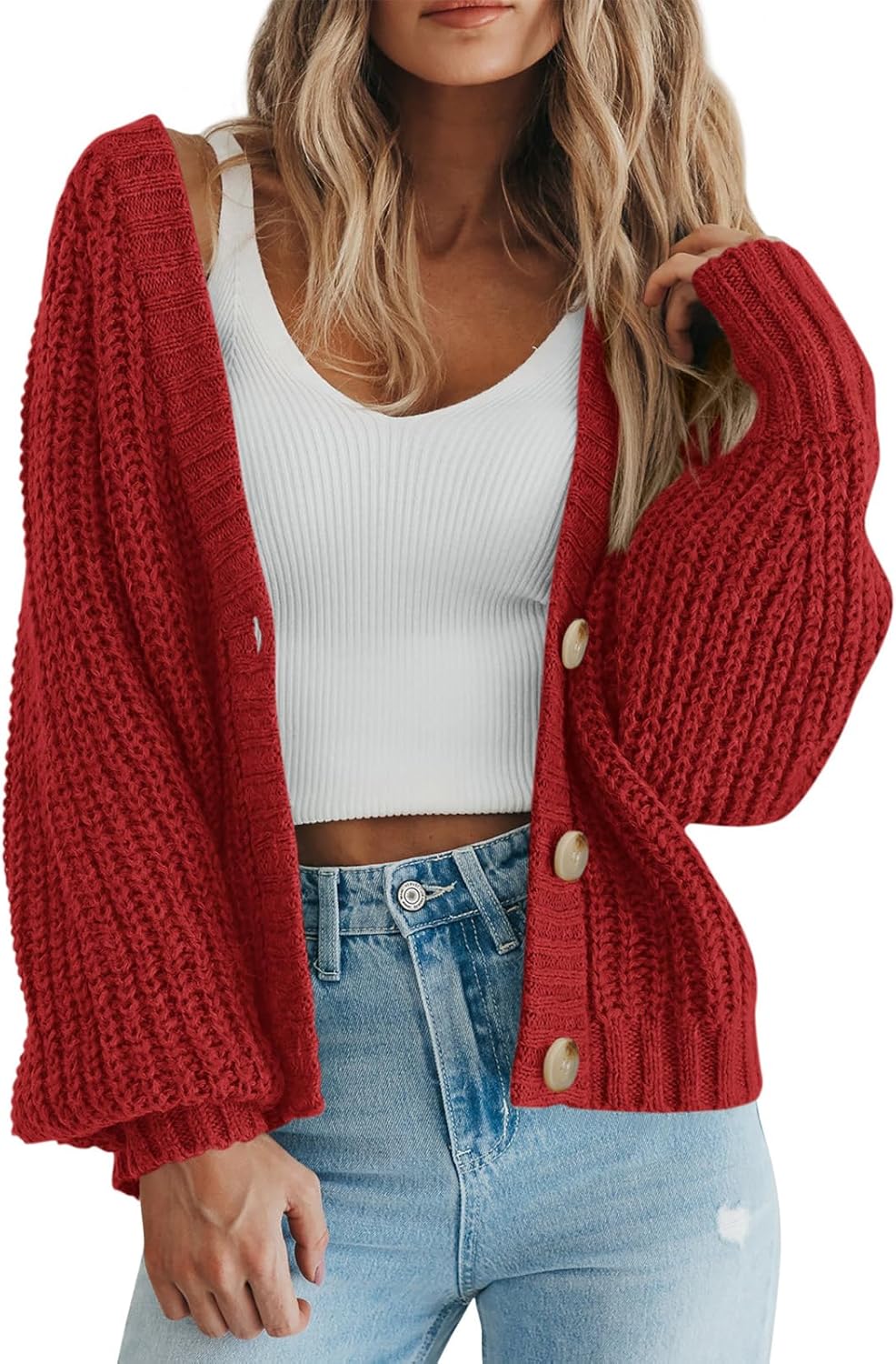 Women's Chunky Knit Cardigan Sweater Long Sleeve Button Loose Cardigan Jacket