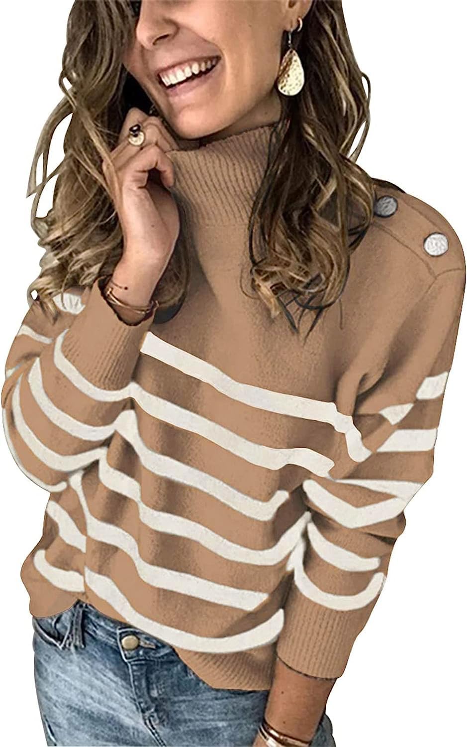 2025 Long Sleeve Metal Button Striped Turtleneck Sweater
