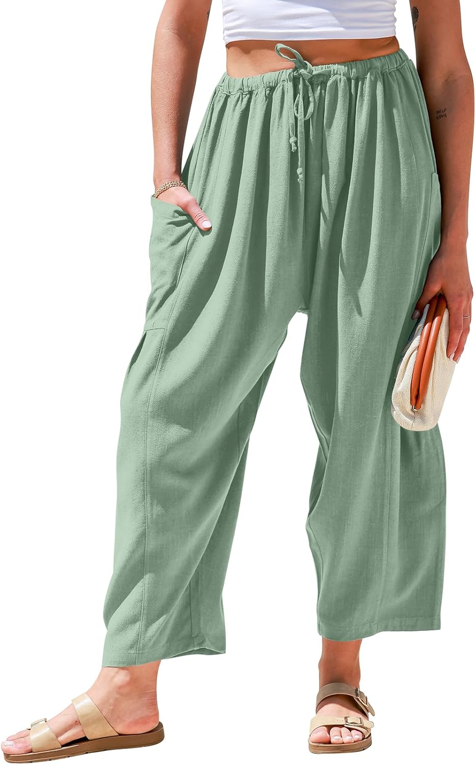 Women’s Linen Wide Leg Pants Casual Loose Drawstring with Pockets