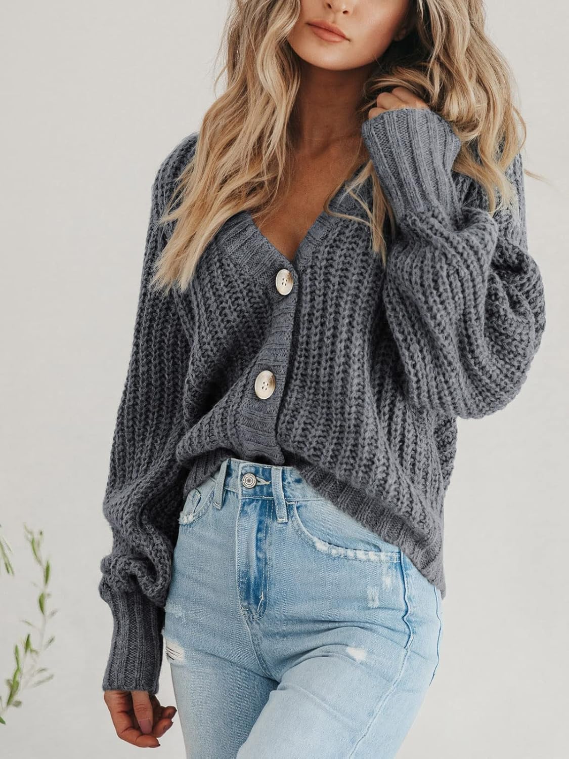 Women's Chunky Knit Cardigan Sweater Long Sleeve Button Loose Cardigan Jacket