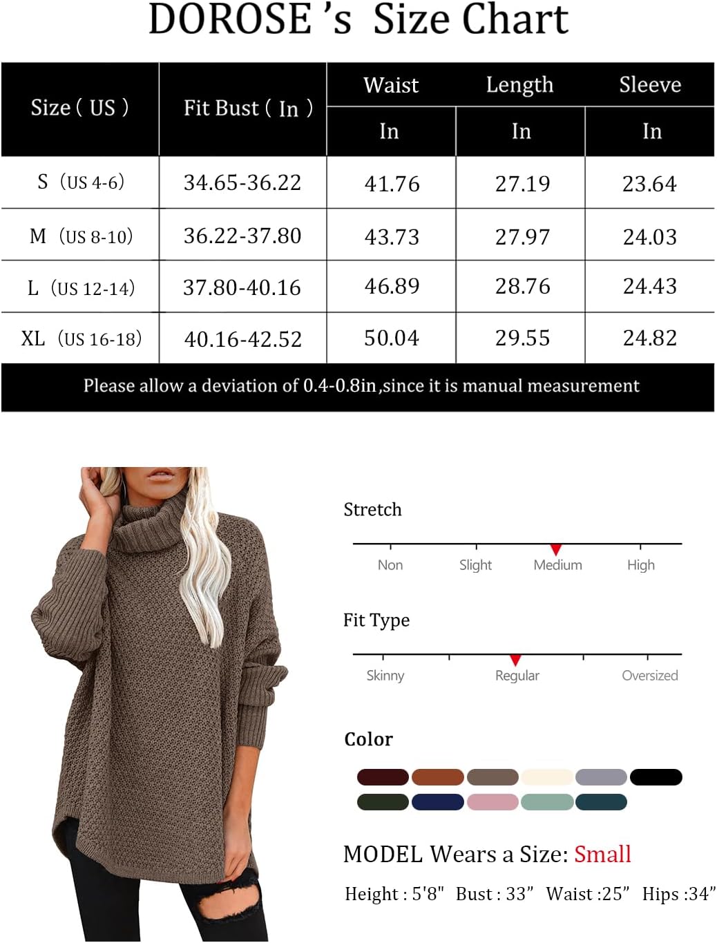 Women's Oversized Turtleneck Long Sleeve Casual Pullover Knit Tunic Sweater