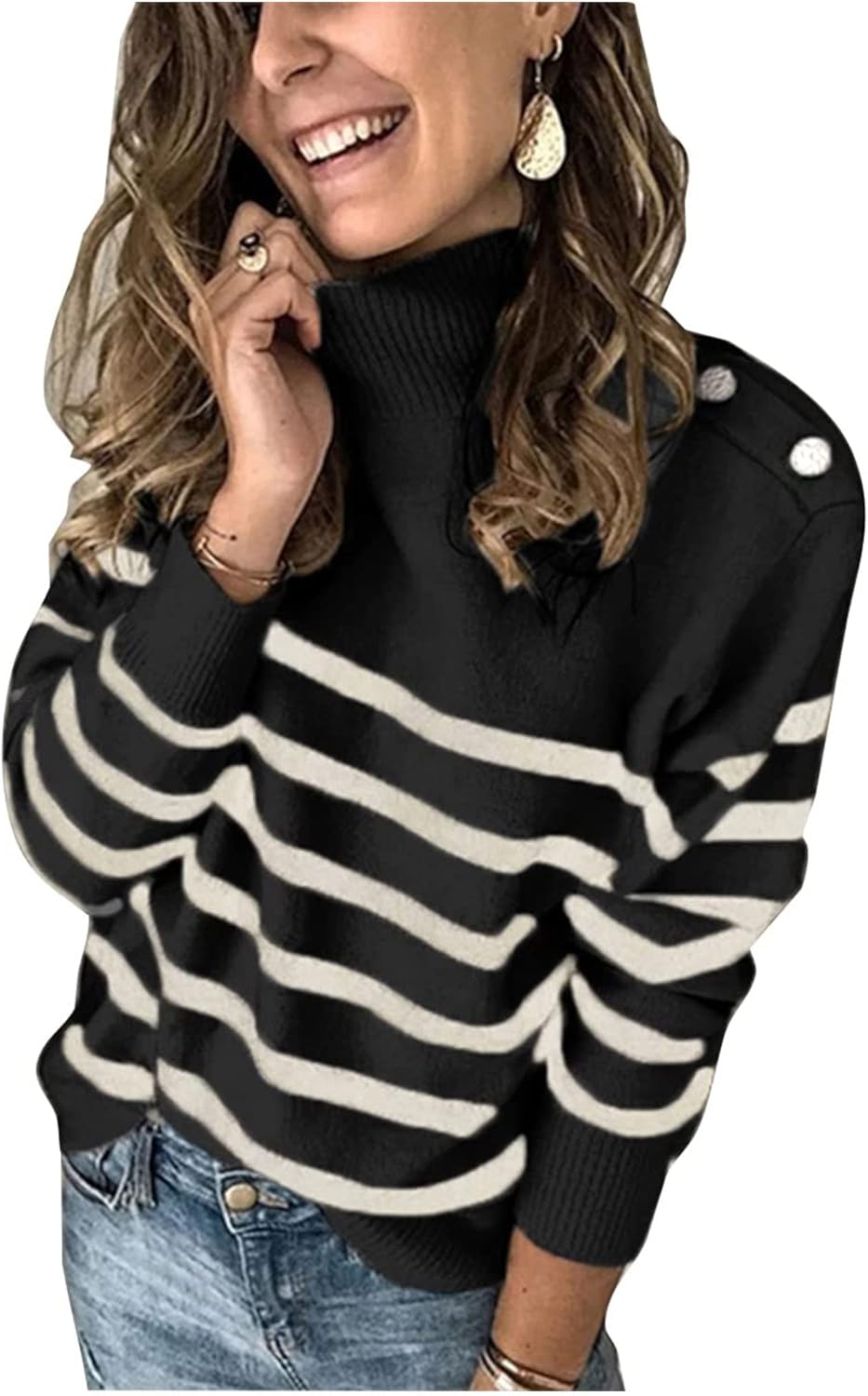 2025 Long Sleeve Metal Button Striped Turtleneck Sweater