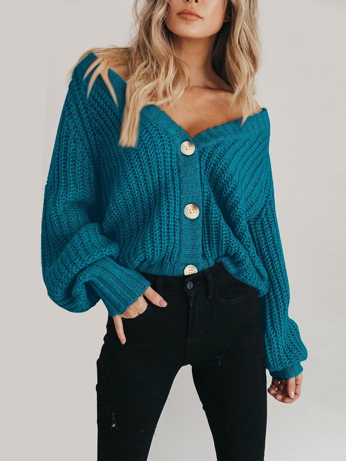 Women's Chunky Knit Cardigan Sweater Long Sleeve Button Loose Cardigan Jacket