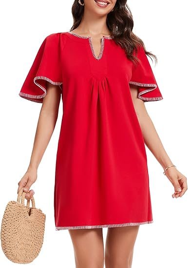 Casual Ruffled A-line Contrast Color V-neck Pocket Skirt