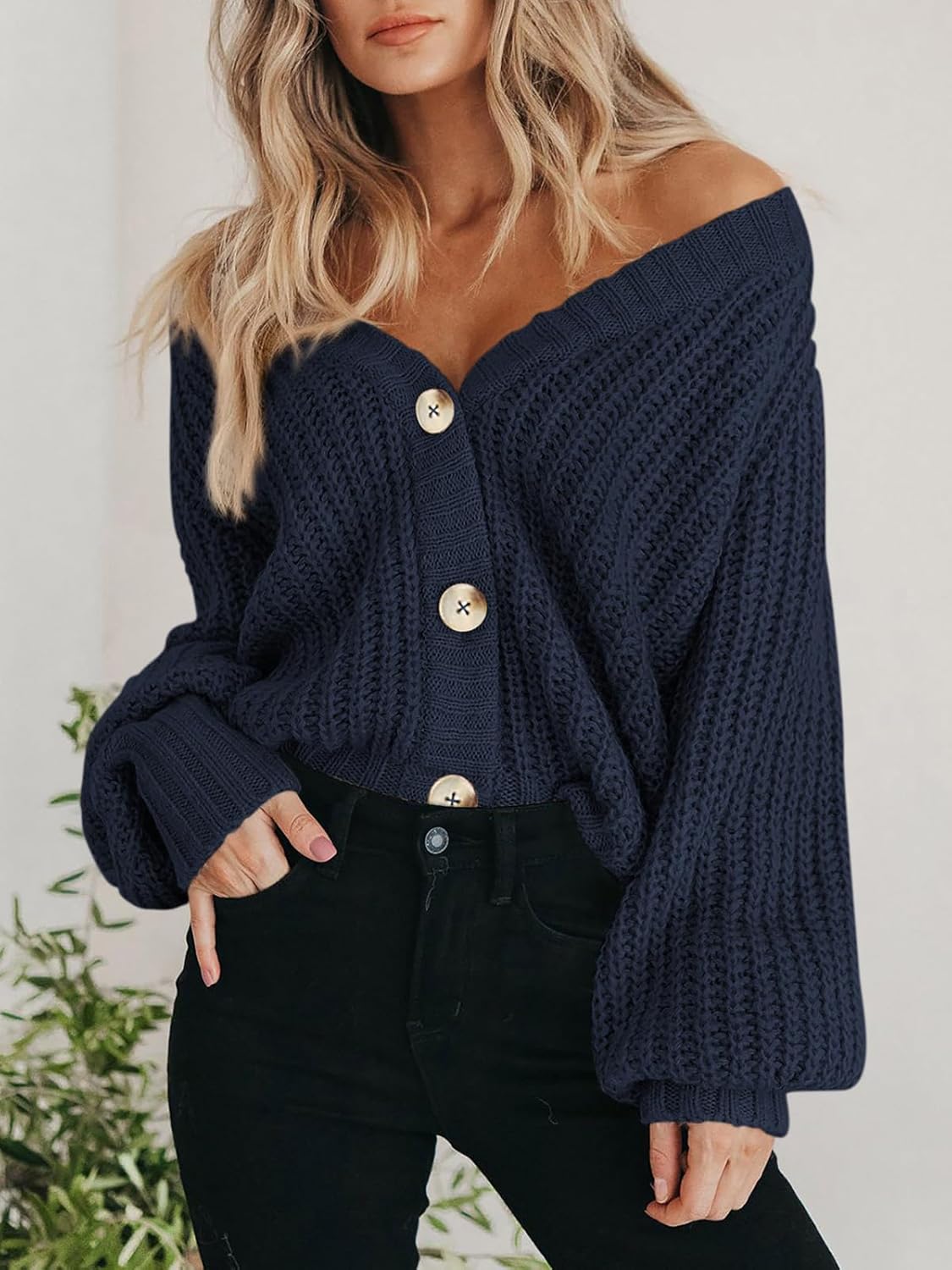 Women's Chunky Knit Cardigan Sweater Long Sleeve Button Loose Cardigan Jacket