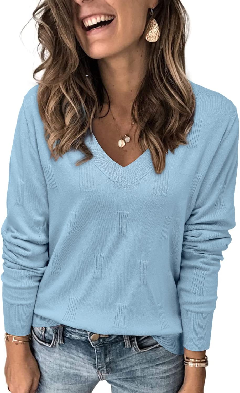 Women's Soft V Neck Long Sleeve Fall Casual Regular Fit Sweater Tops