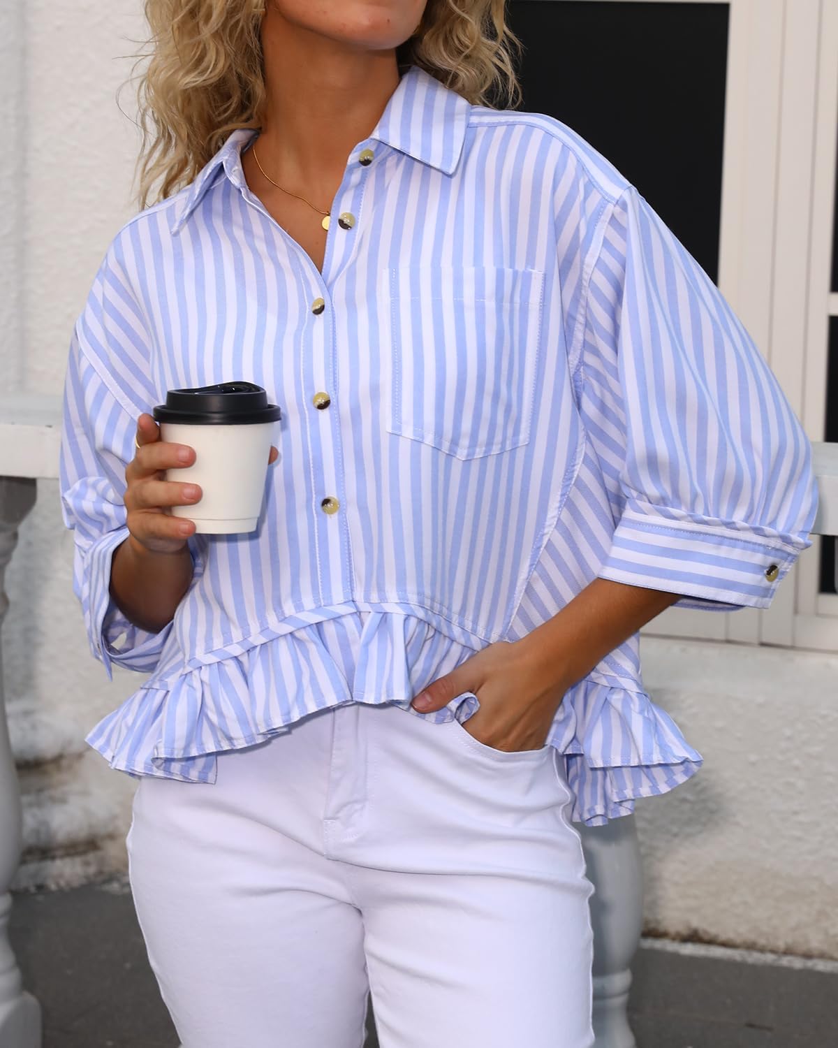 Ruffled Short Sleeve Button Down Striped Shirt