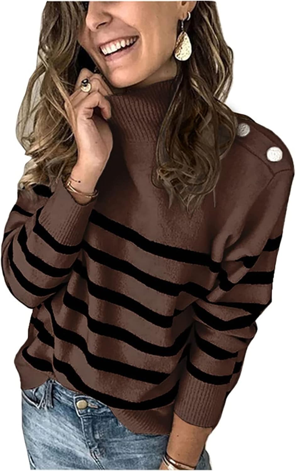 2025 Long Sleeve Metal Button Striped Turtleneck Sweater