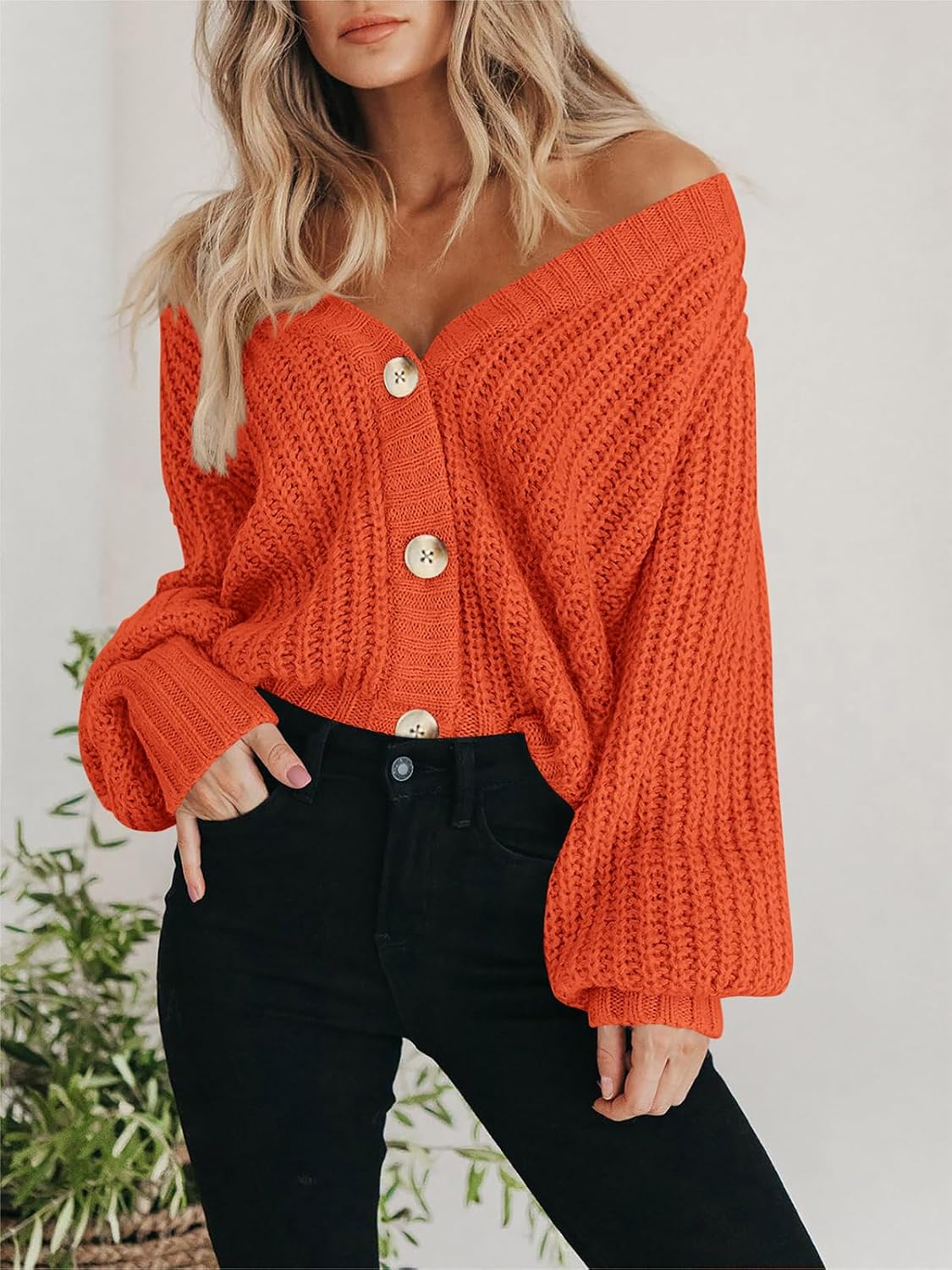 Women's Chunky Knit Cardigan Sweater Long Sleeve Button Loose Cardigan Jacket