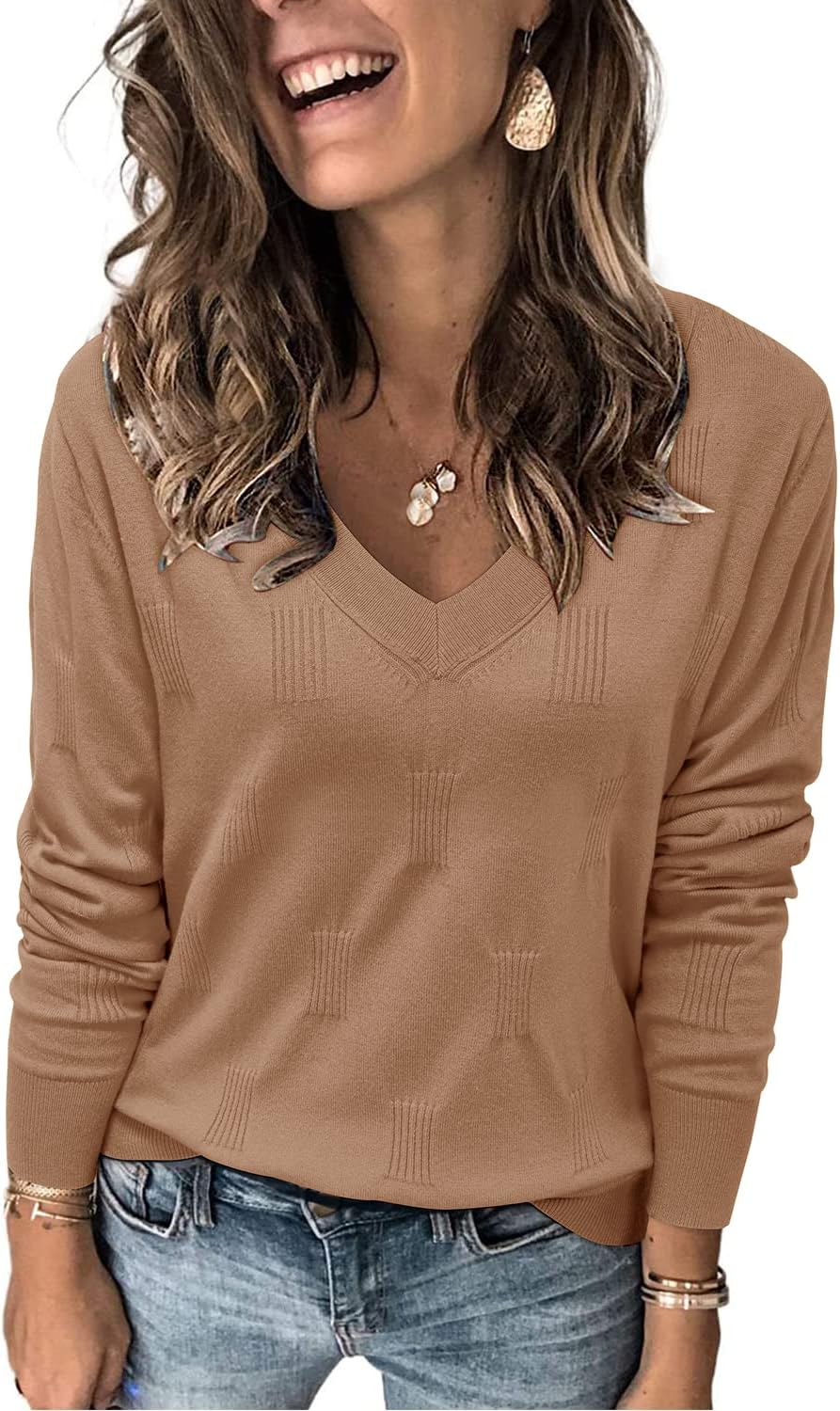 Women's Soft V Neck Long Sleeve Fall Casual Regular Fit Sweater Tops
