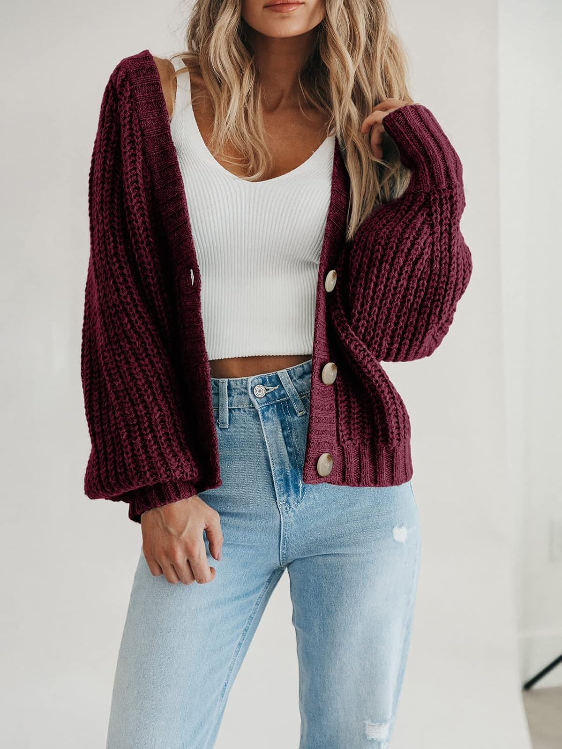 Women's Chunky Knit Cardigan Sweater Long Sleeve Button Loose Cardigan Jacket