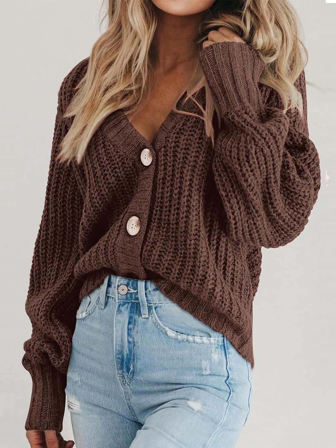 Women's Chunky Knit Cardigan Sweater Long Sleeve Button Loose Cardigan Jacket