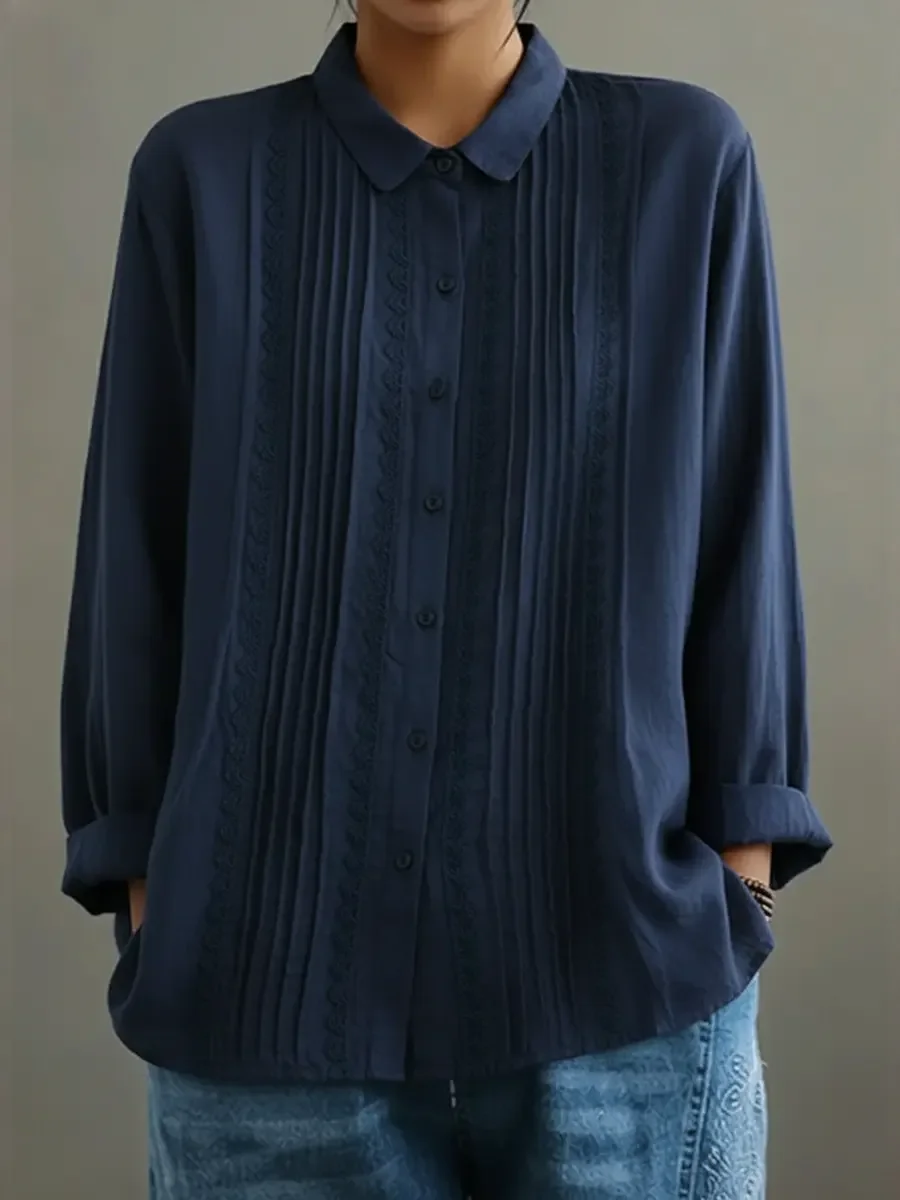 🔥Spring Sale 50% OFF🔥 Cotton Linen Pin-Tuck Lace Trim Shirt