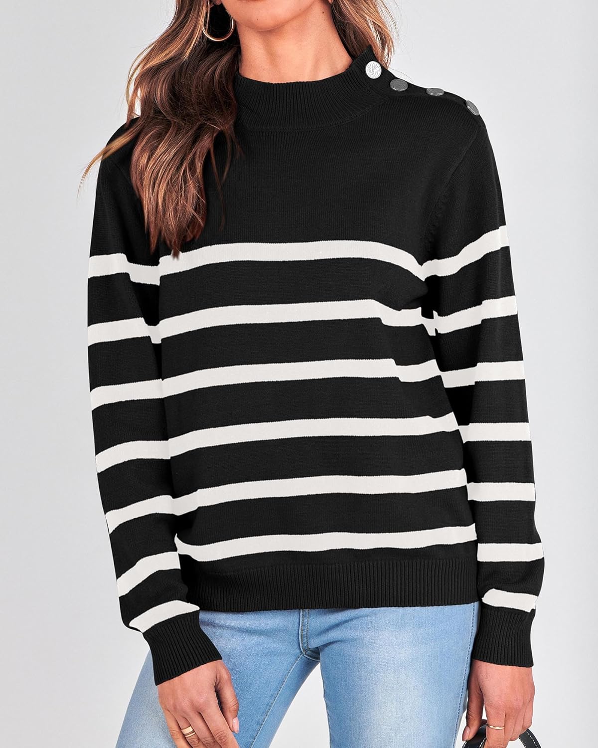 2025 Long Sleeve Metal Button Striped Turtleneck Sweater