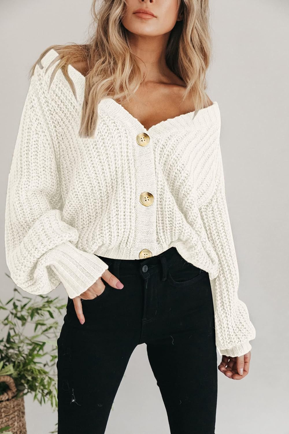 Women's Chunky Knit Cardigan Sweater Long Sleeve Button Loose Cardigan Jacket