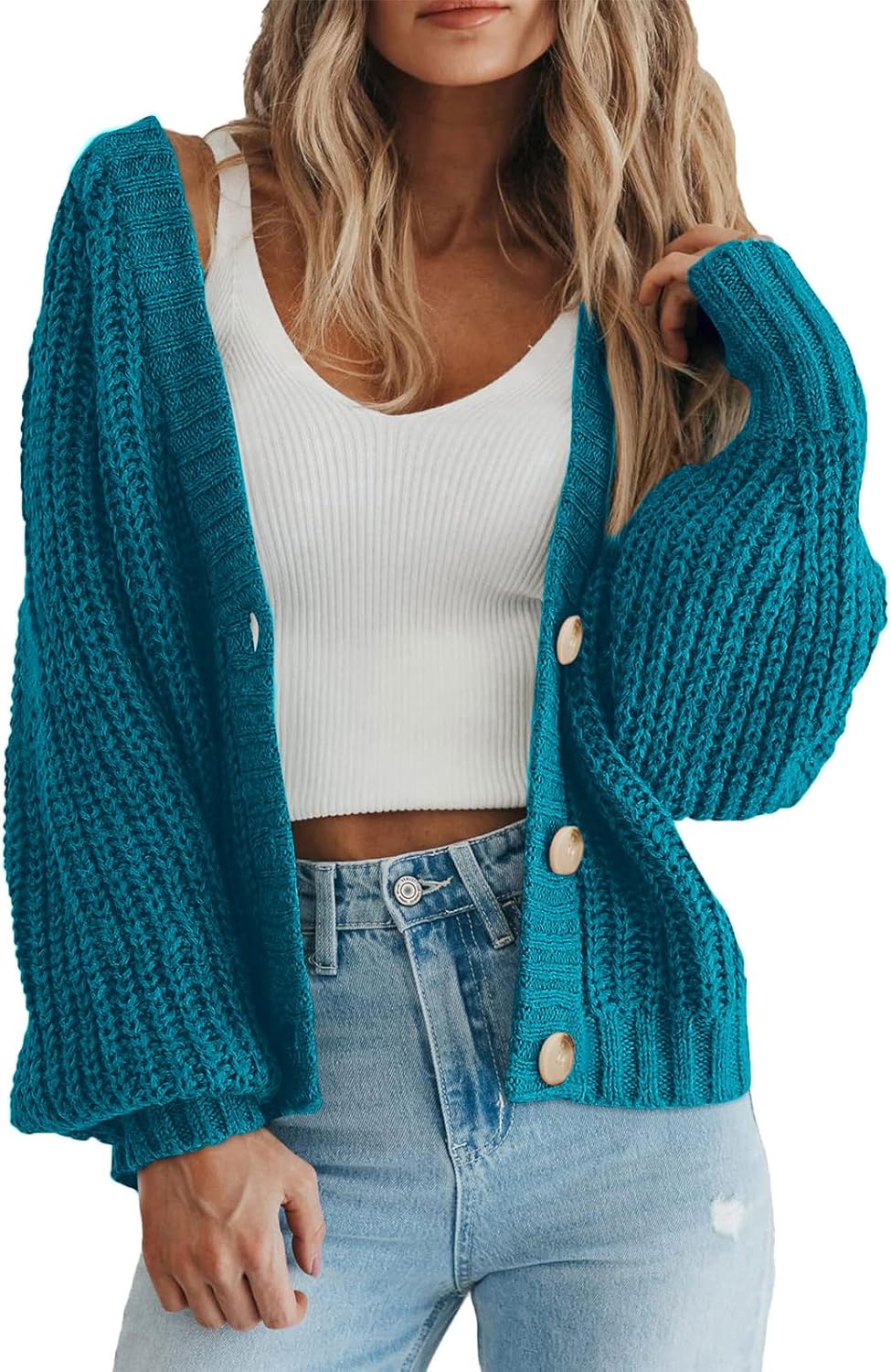 Women's Chunky Knit Cardigan Sweater Long Sleeve Button Loose Cardigan Jacket