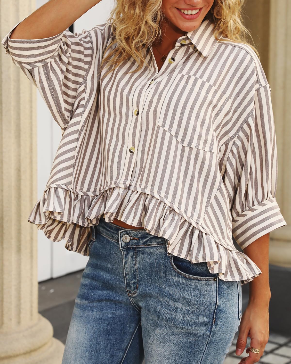 Ruffled Short Sleeve Button Down Striped Shirt