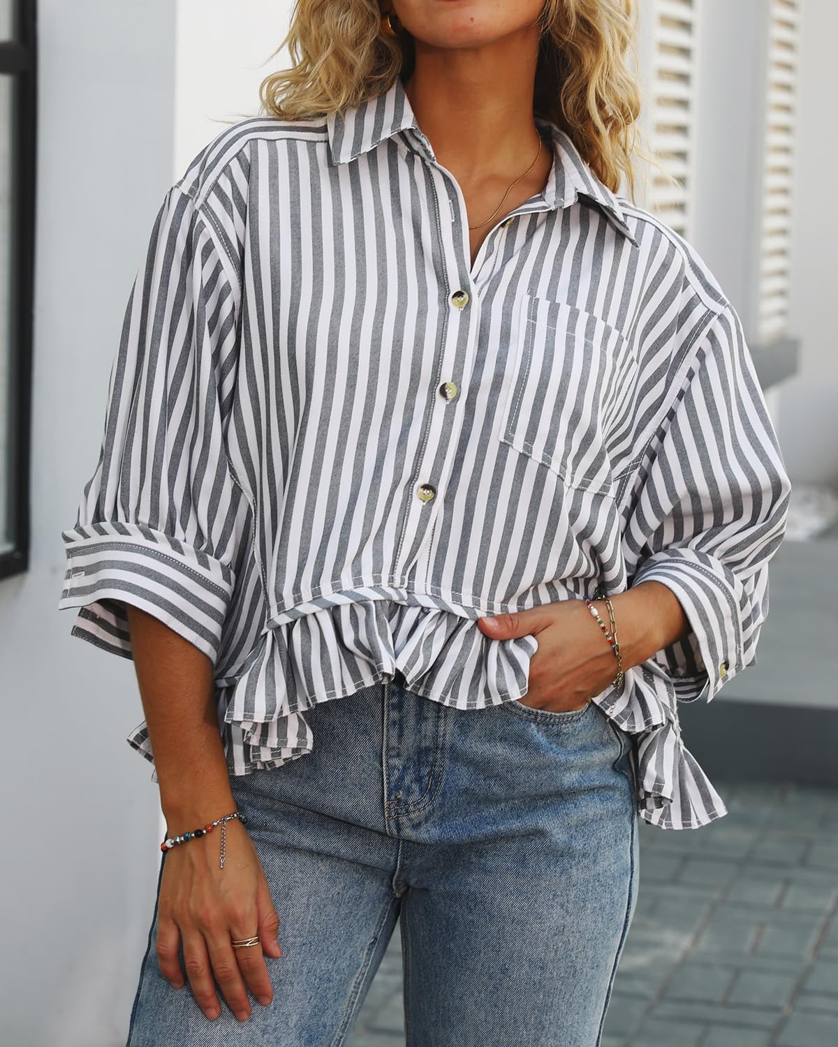 Ruffled Short Sleeve Button Down Striped Shirt