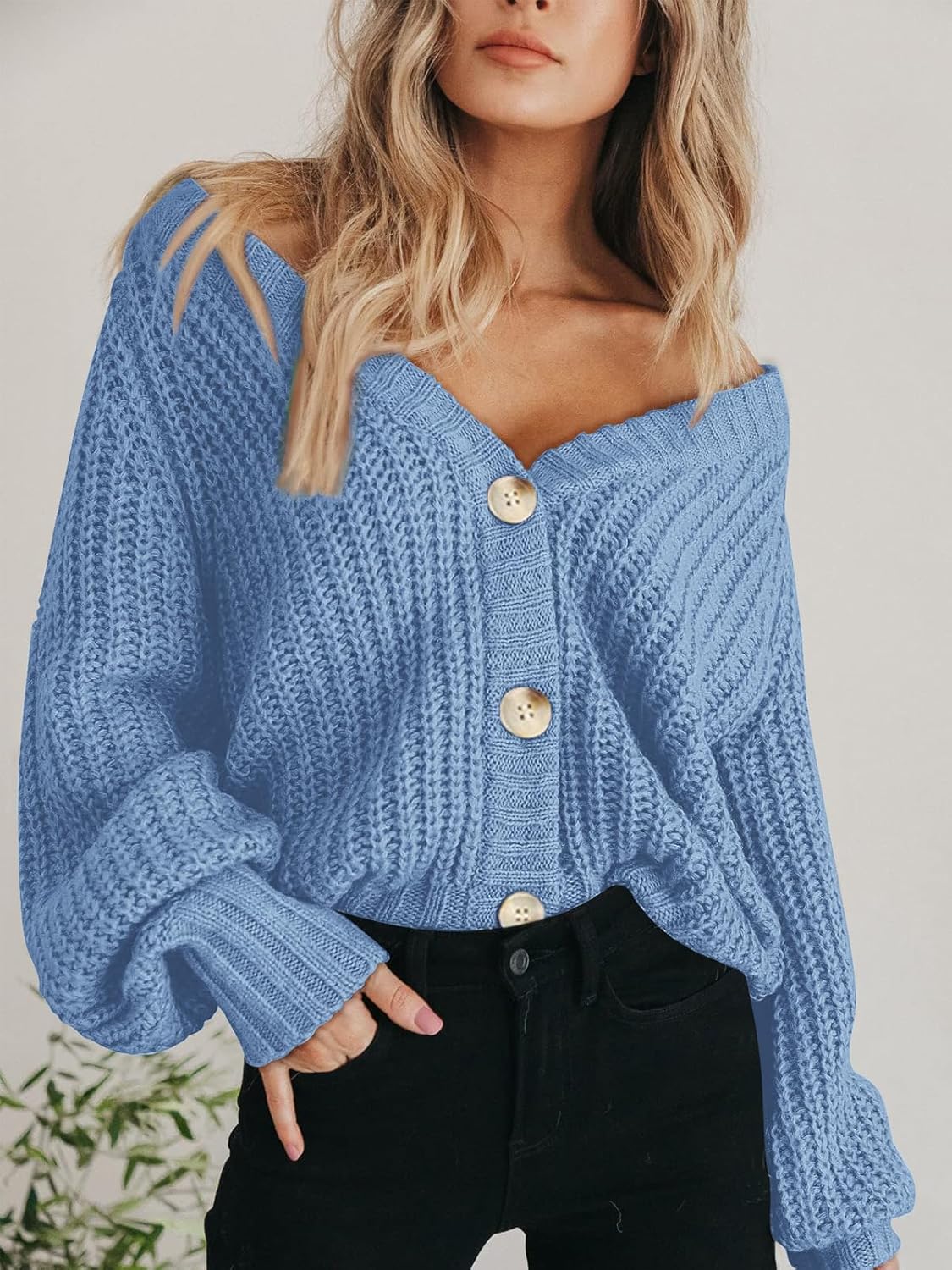 Women's Chunky Knit Cardigan Sweater Long Sleeve Button Loose Cardigan Jacket