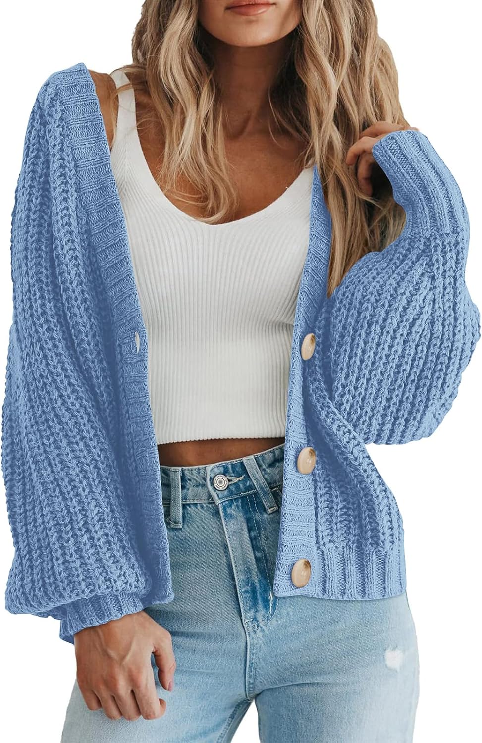 Women's Chunky Knit Cardigan Sweater Long Sleeve Button Loose Cardigan Jacket