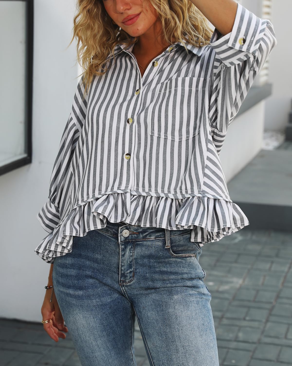 Ruffled Short Sleeve Button Down Striped Shirt