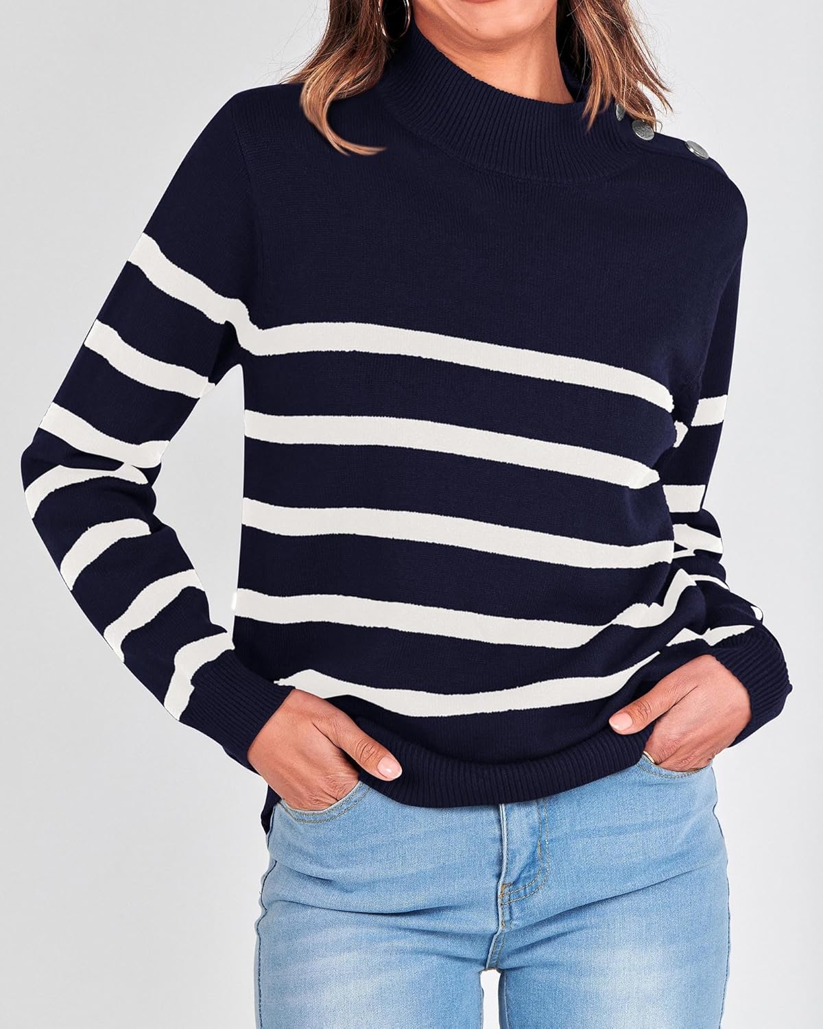 2025 Long Sleeve Metal Button Striped Turtleneck Sweater