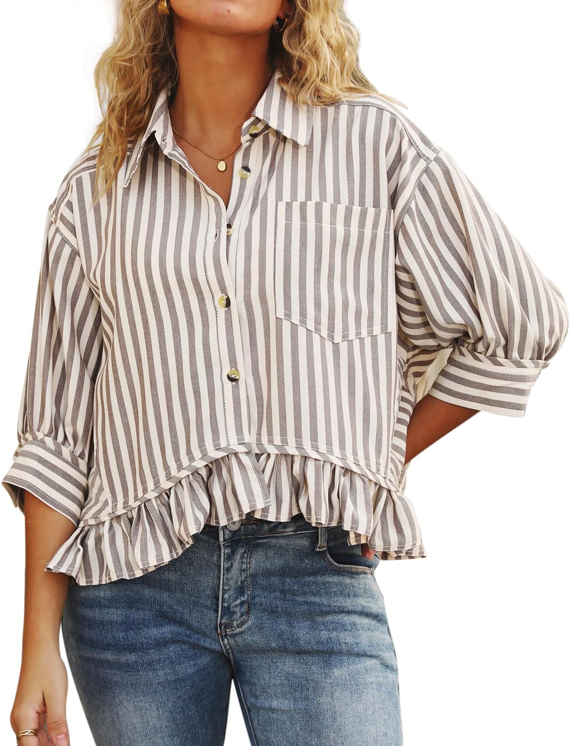 Ruffled Short Sleeve Button Down Striped Shirt