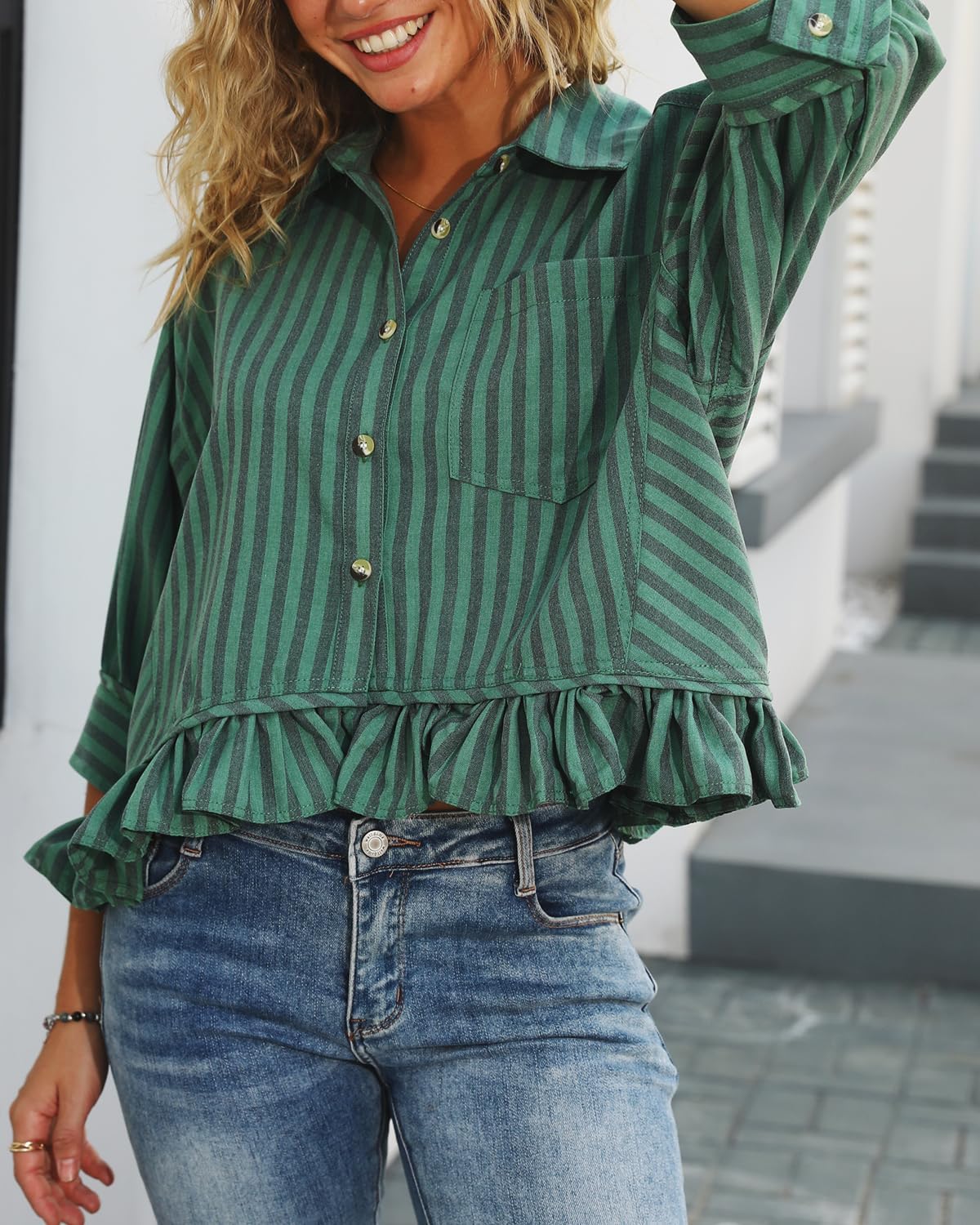 Ruffled Short Sleeve Button Down Striped Shirt