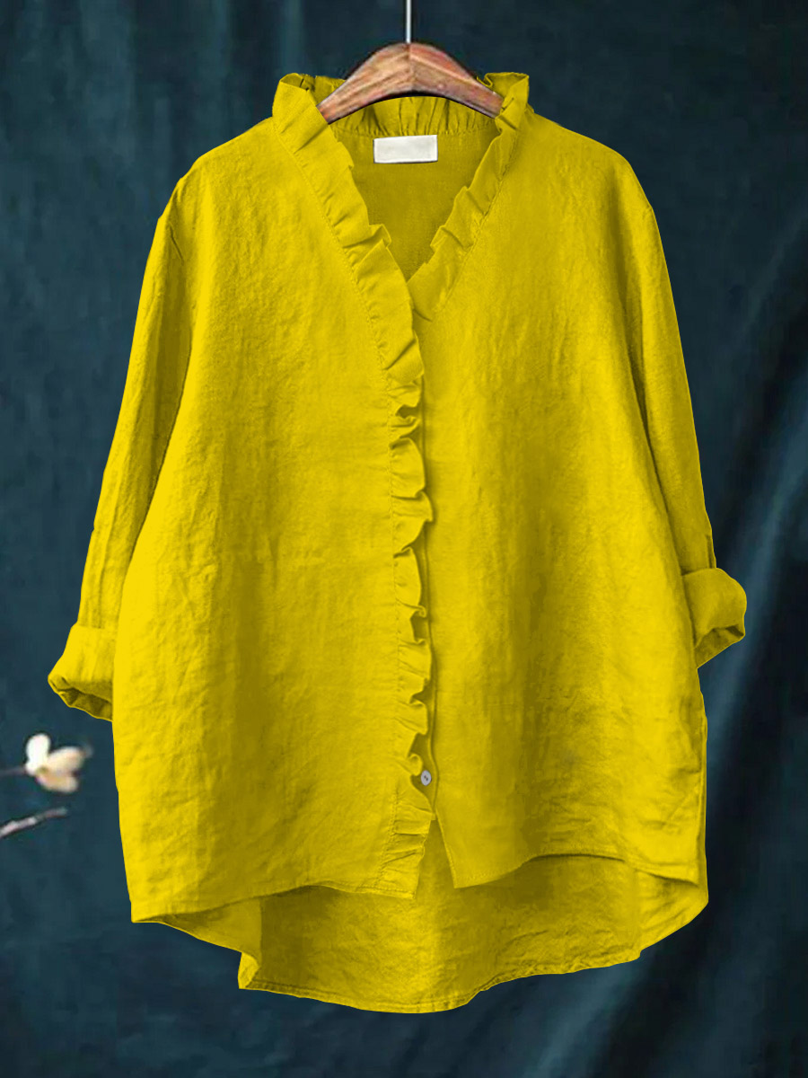 Casual Cotton Linen Plus Size Ruffle Shirt