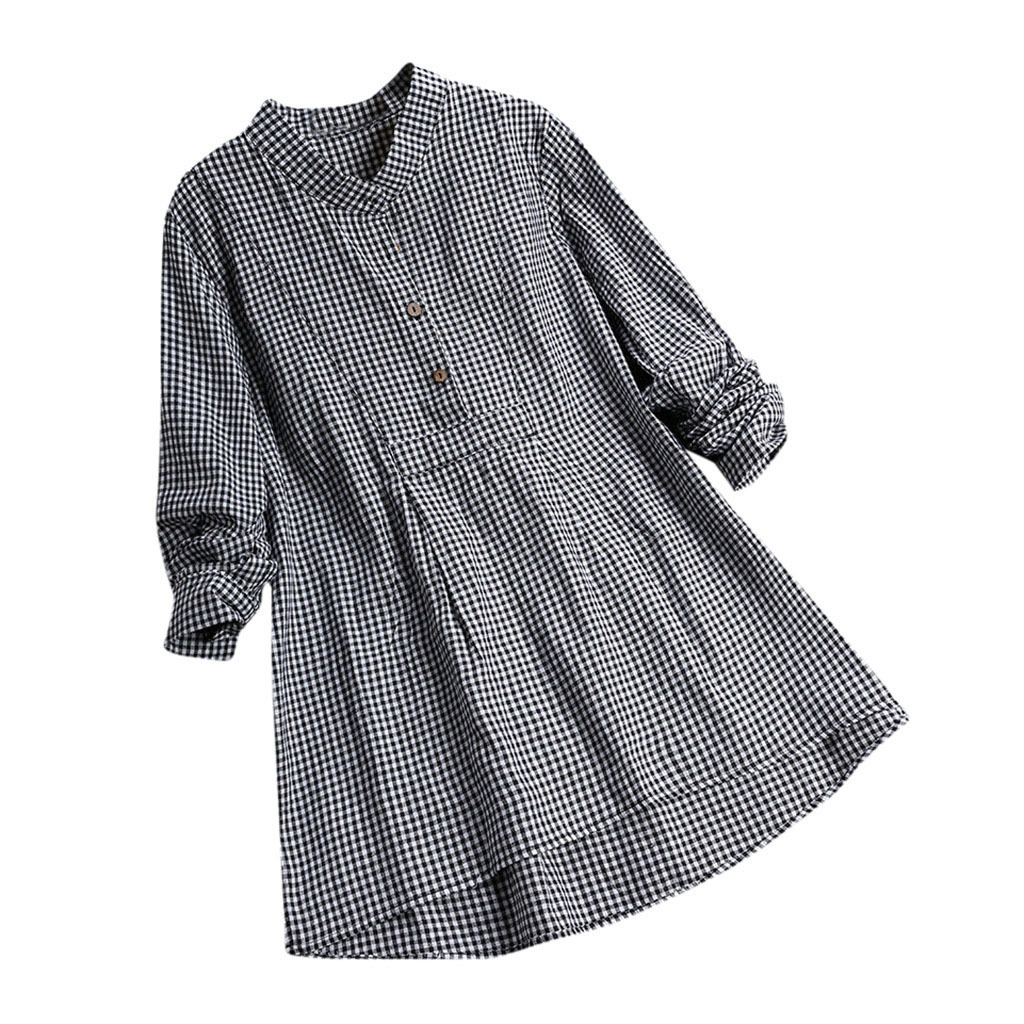 Cotton Linen Button Down Plaid Tunic Shirt