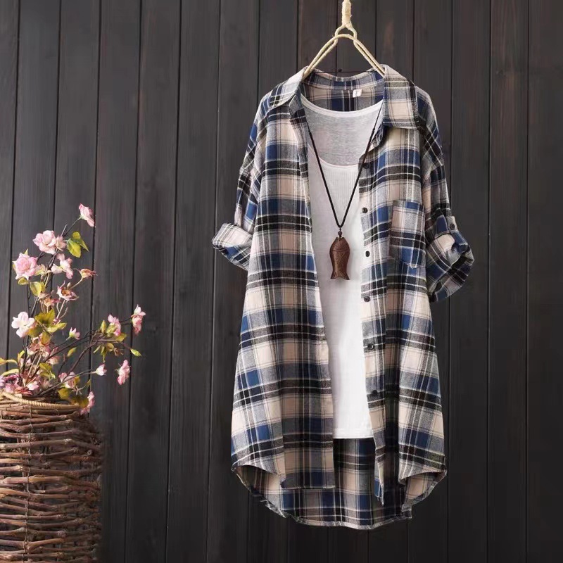Cotton Linen Loose Fit Button Down Plaid Cardigan Shirt 