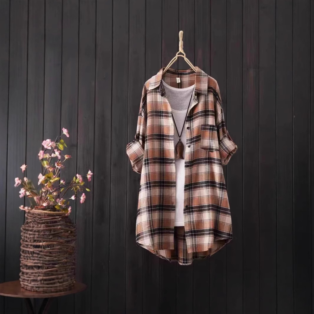 Cotton Linen Loose Fit Button Down Plaid Cardigan Shirt 