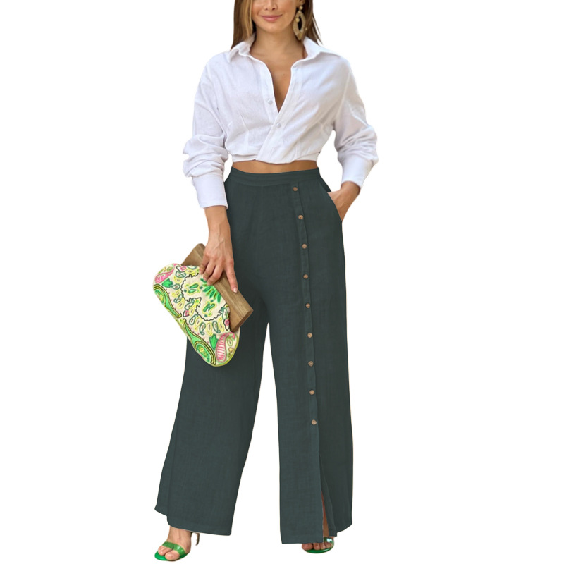 Women's Summer Casual Linen Wide Leg Buttoned Pants