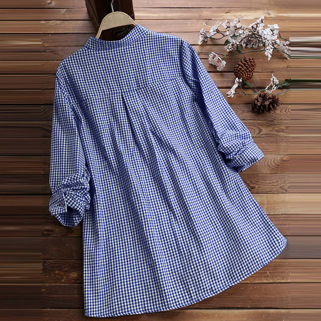 Cotton Linen Button Down Plaid Tunic Shirt