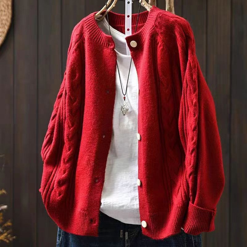 Jacquard knit cardigan button sweater-True Szie
