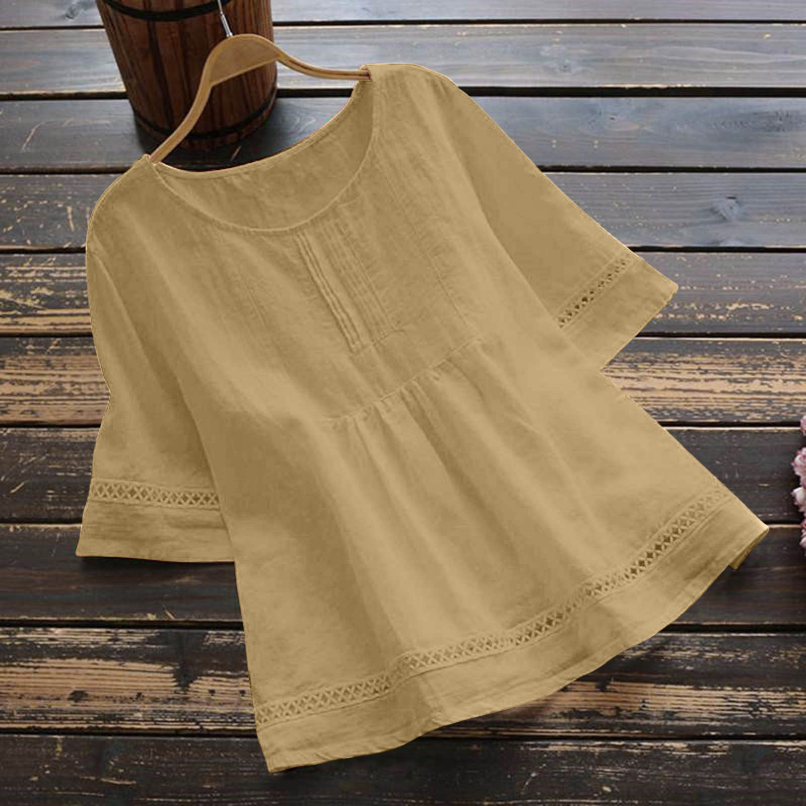 Cotton Linen Solid Color Half Sleeve Vintage Style Shirt